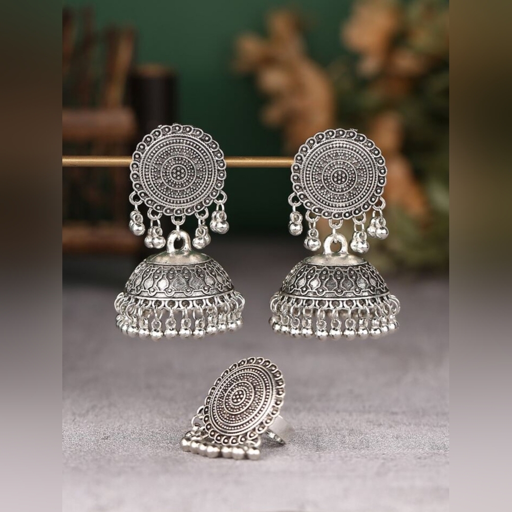 Antique silver tassle jhumka with ring set/ Indian pakistani jewelry/ jhumka set